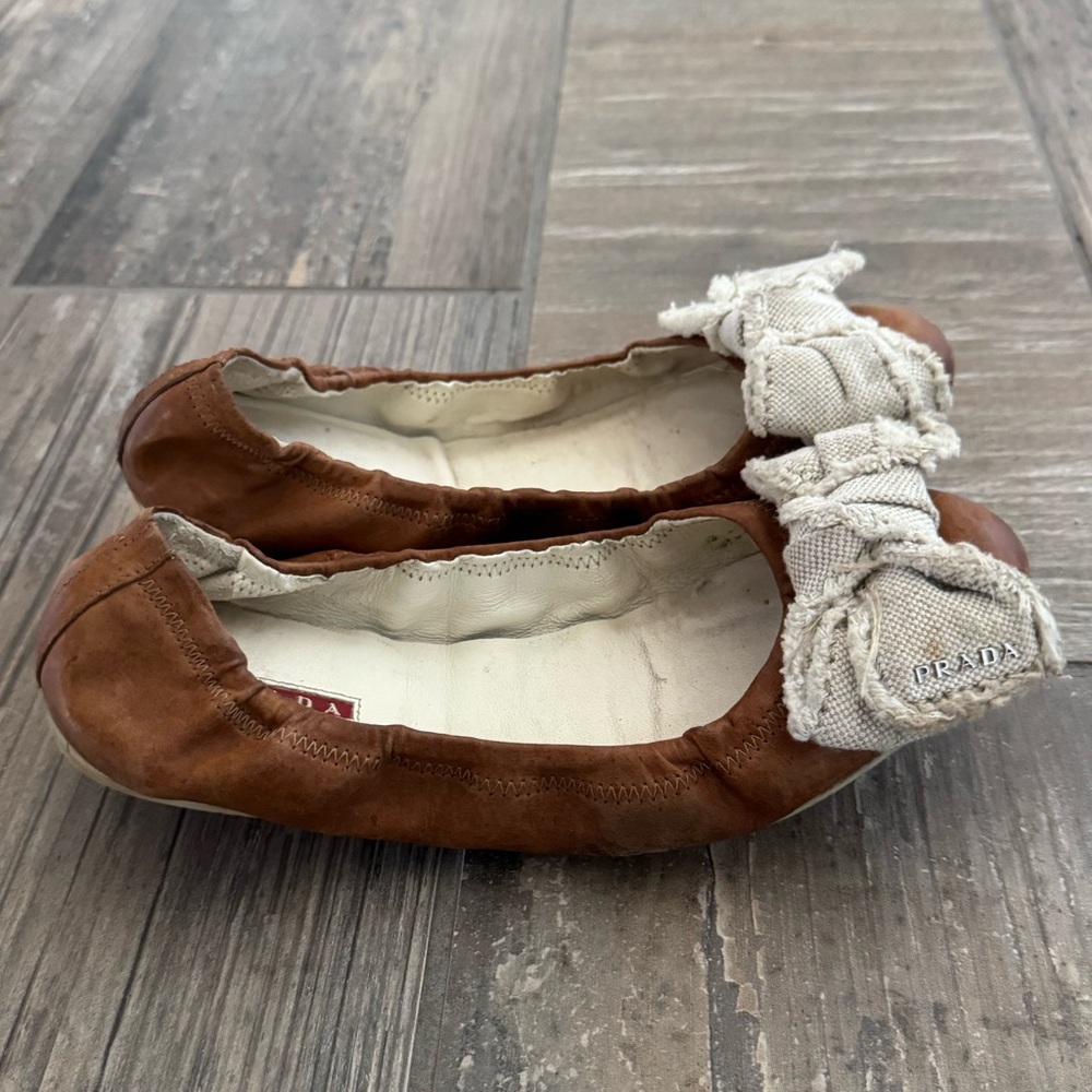 Prada Leather And Canvas Scrunch Bow Ballet Flats Size 38 - Picture 6 of 11